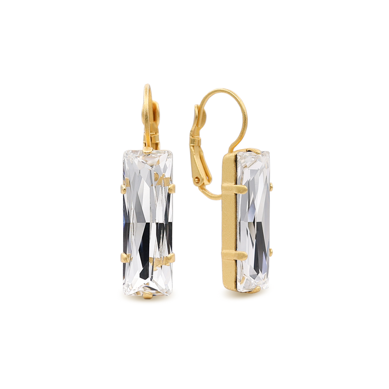 gold baguette earrings with white crystal