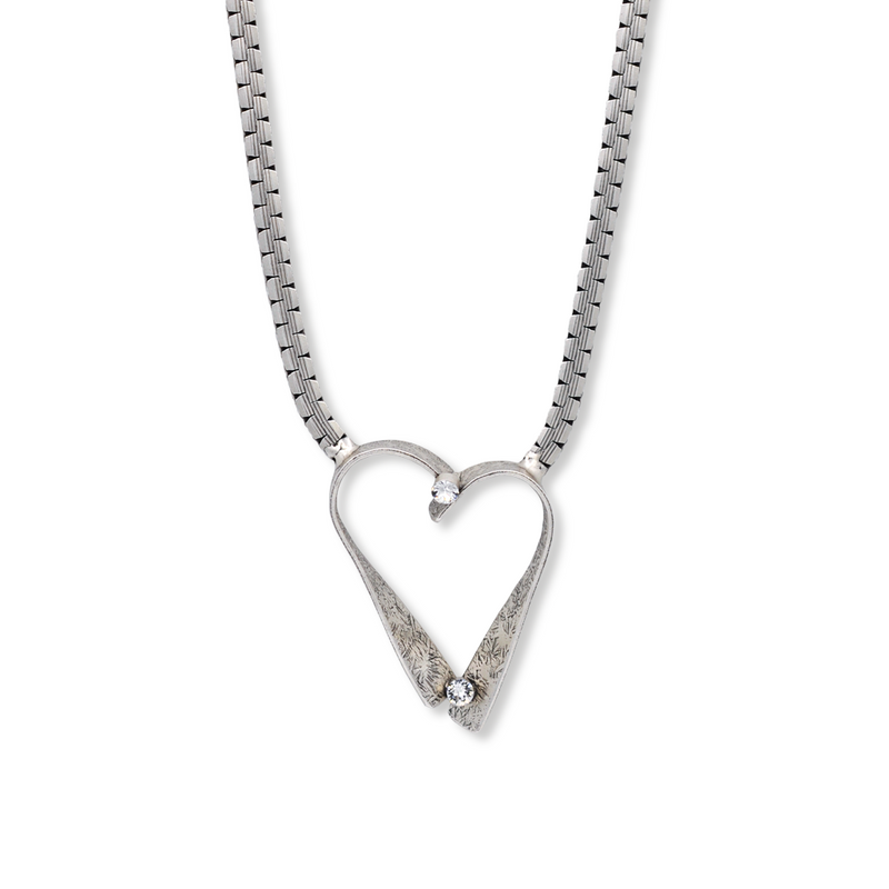 Silver heart pendant necklace with white crystal