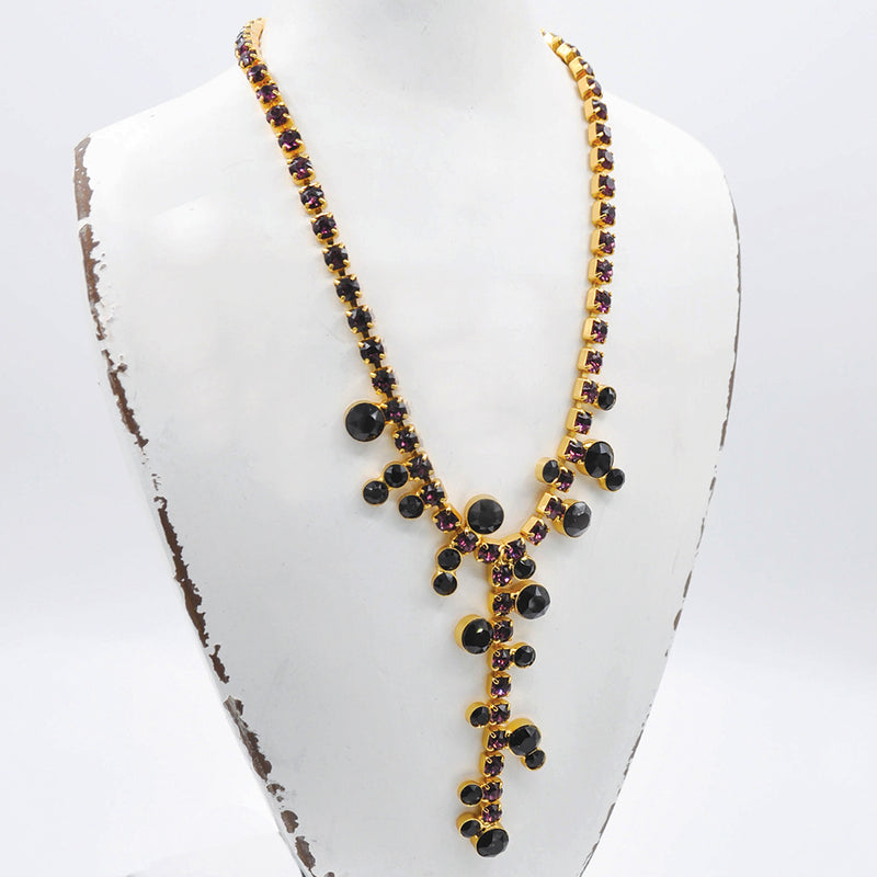 Gold Y shape costume necklace with amethyst and onyx Swarovski crystals