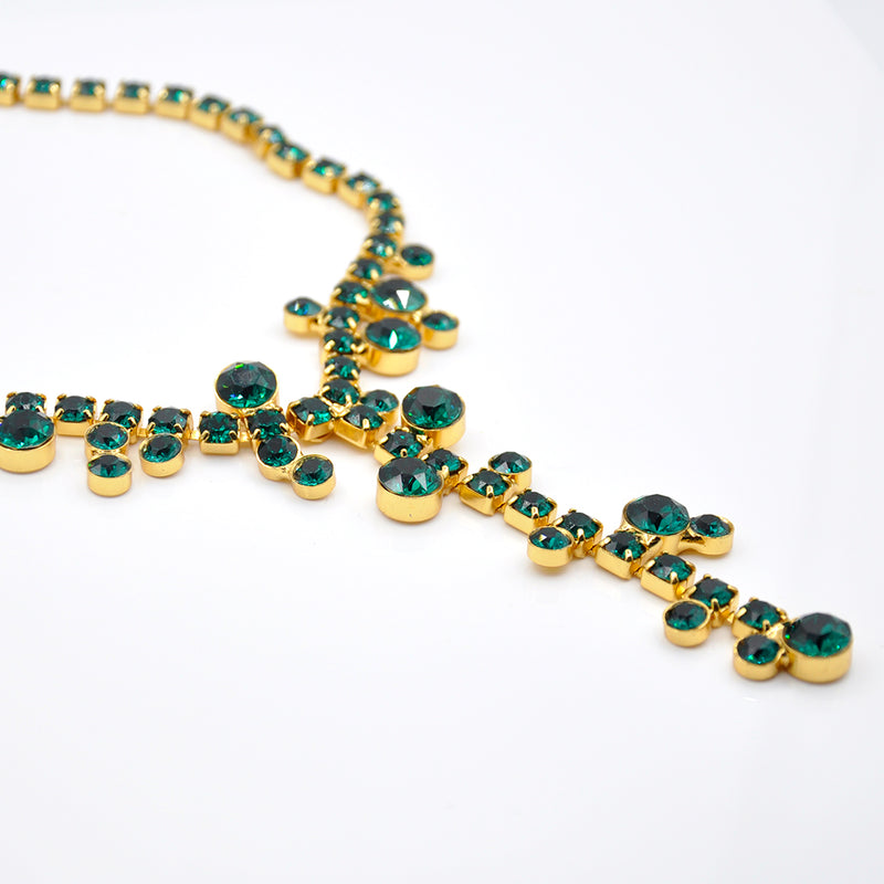 Gold Y shape costume necklace with emerald Swarovski crystals