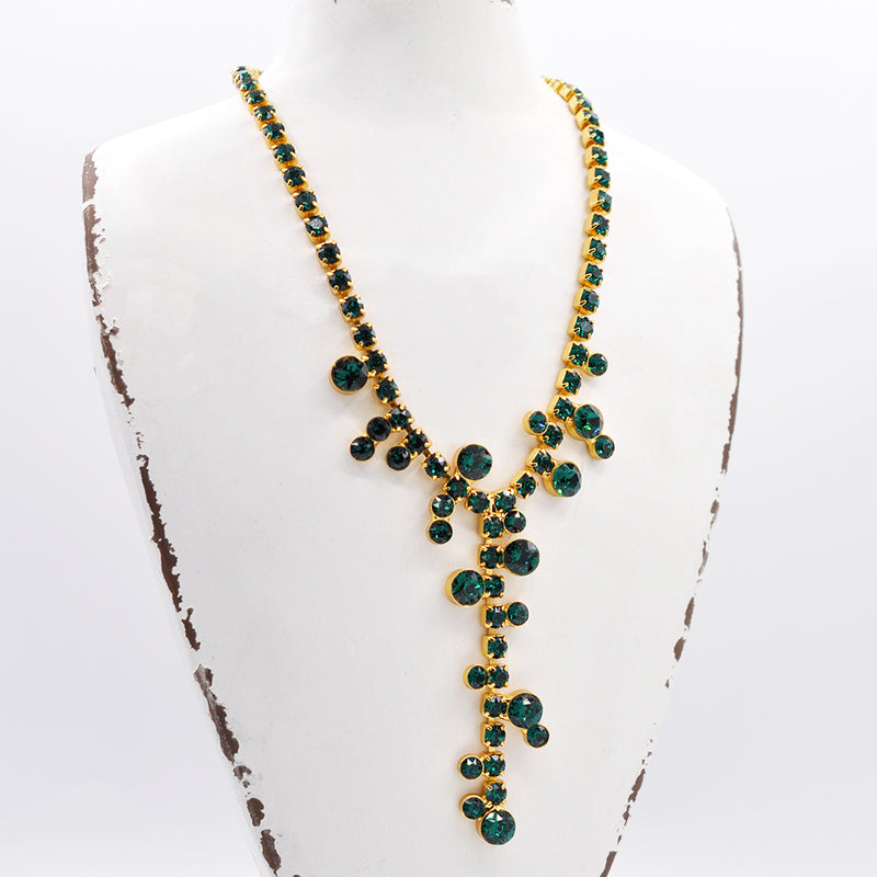 Gold Y shape costume necklace with emerald Swarovski crystals