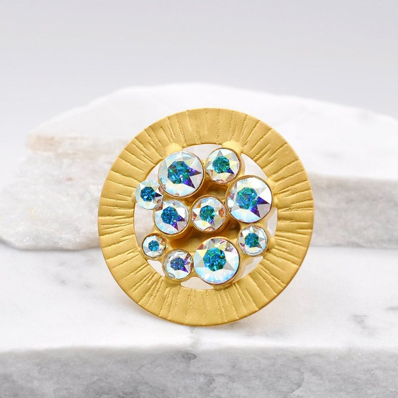 Gold plated round shape statement ring with aurora Swarovski crystals