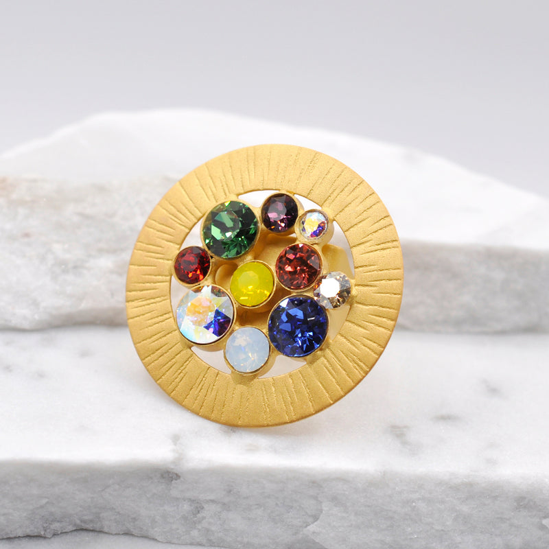 24k gold plated round shape statement ring with multiple color Swarovski crystals