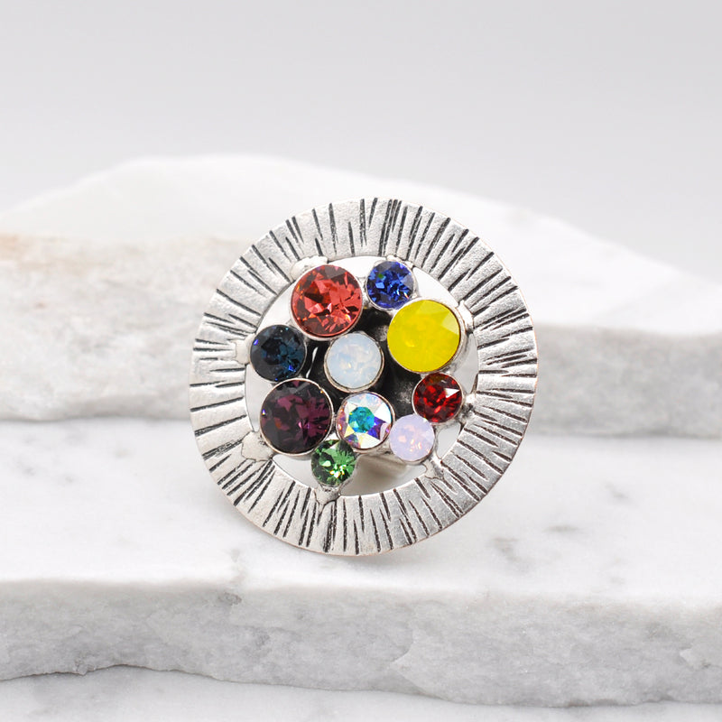 Silver round statement ring with multiple color Swarovski crystals
