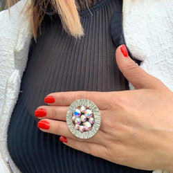 Charissa silver ring with multiple aurora swarovski crystals