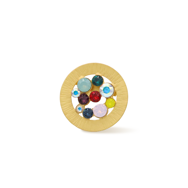 18k gold round shape brooch with fine multi color crystal