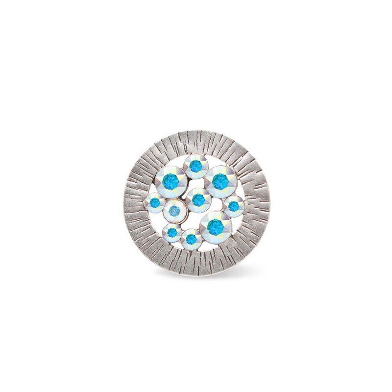 Silver round shape brooch with fine aurora borealis crystals