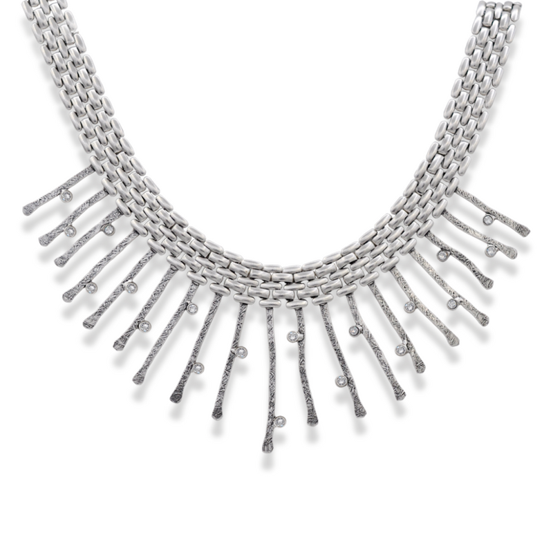 Silver collar necklace with thick chain and white crystals