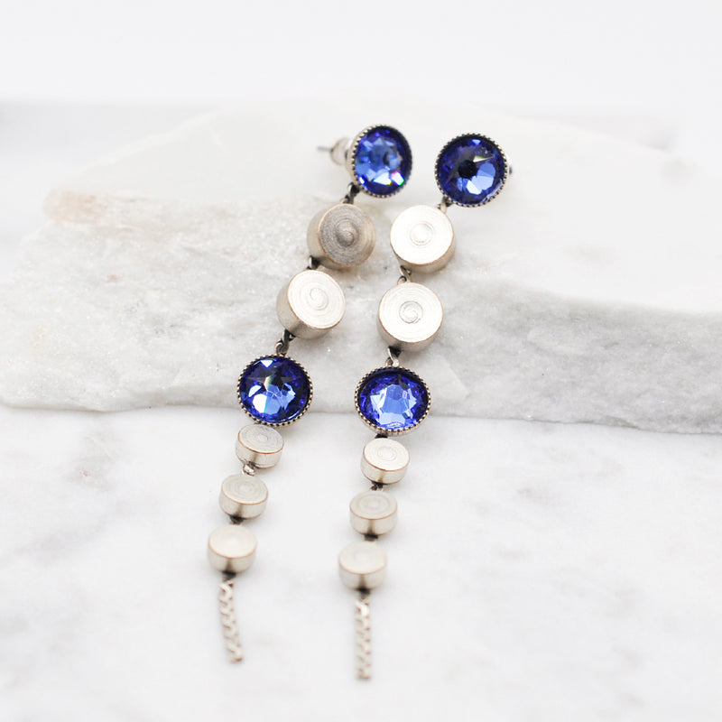 Silver dangle chain earrings with blue crystals