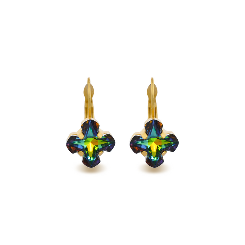 gold cross earrings with green crystal