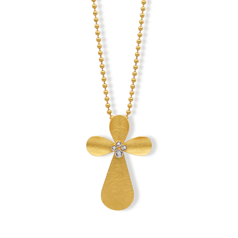 large gold cross necklace with white crystals