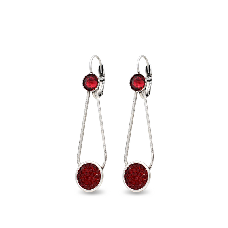 silver dangle drop long earrings with red crystals