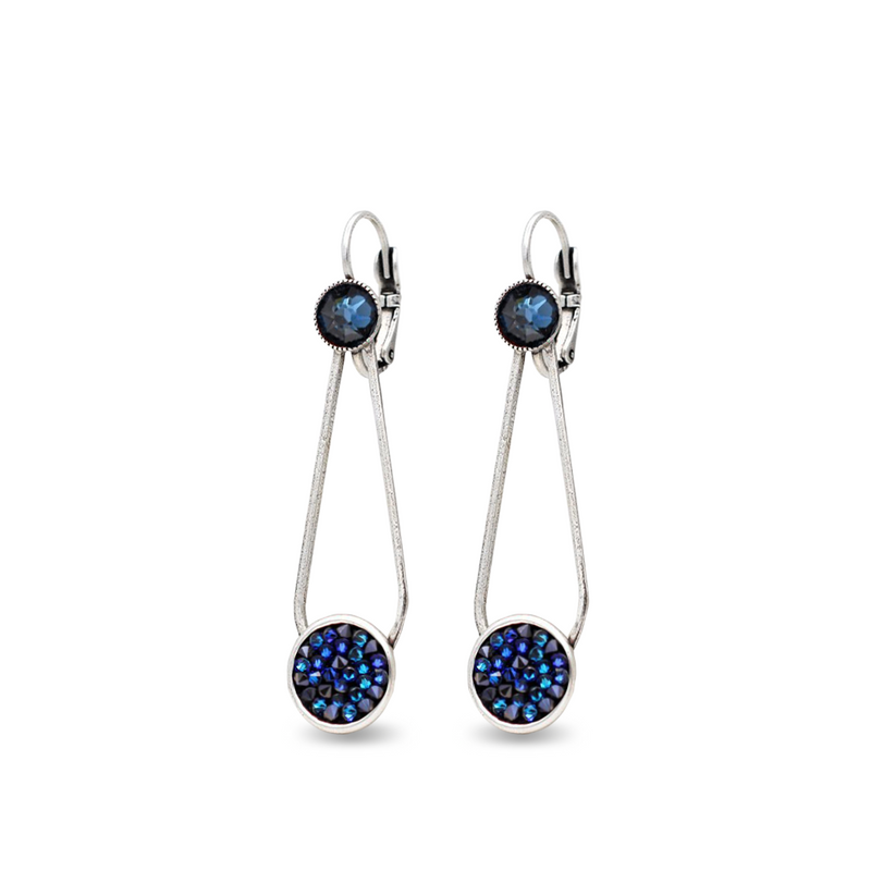 silver dangle drop long earrings with blue shimmer crystals