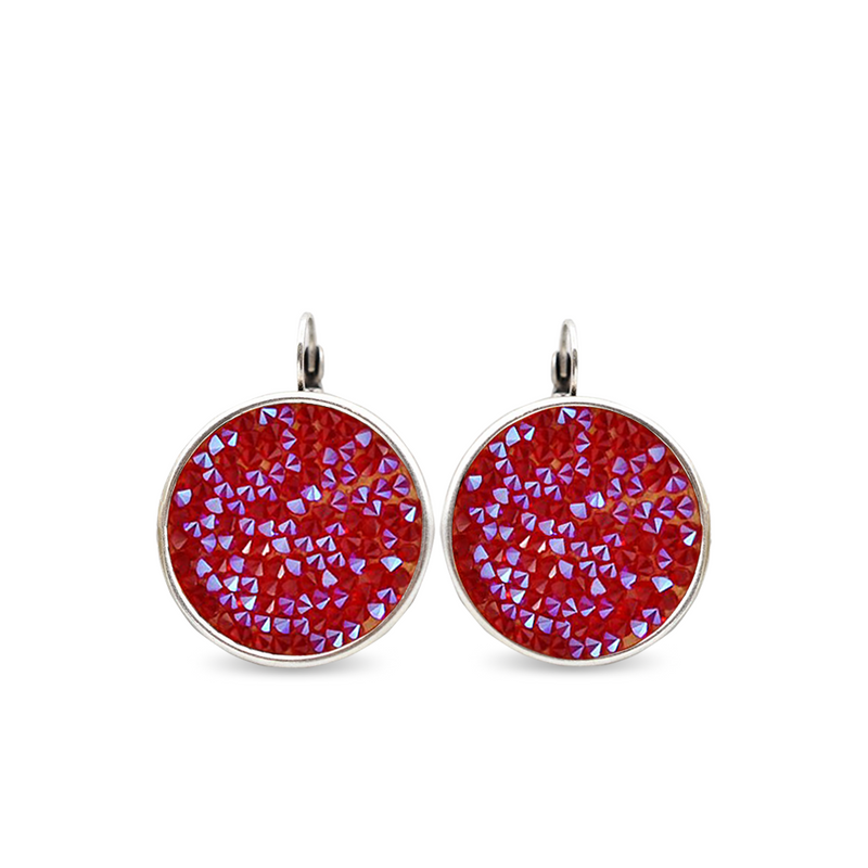 Silver crystal rock disc earrings with red crystals