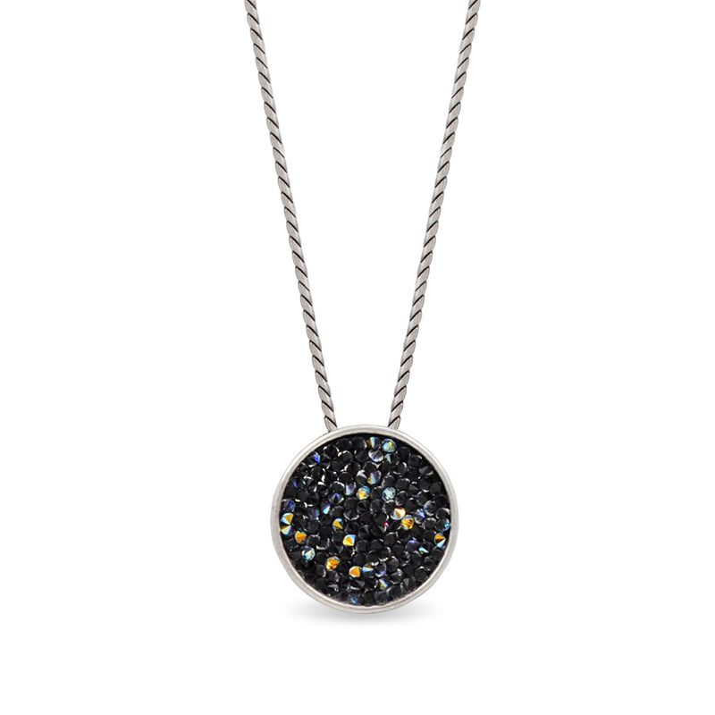Silver round pendant necklace with blue black crystals