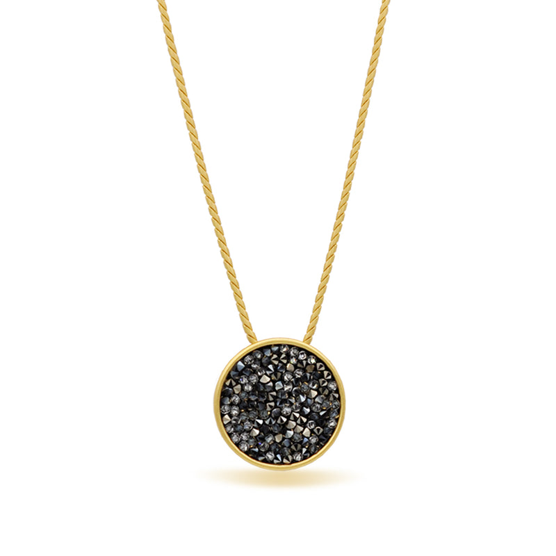 Gold round pendant necklace with grey crystals