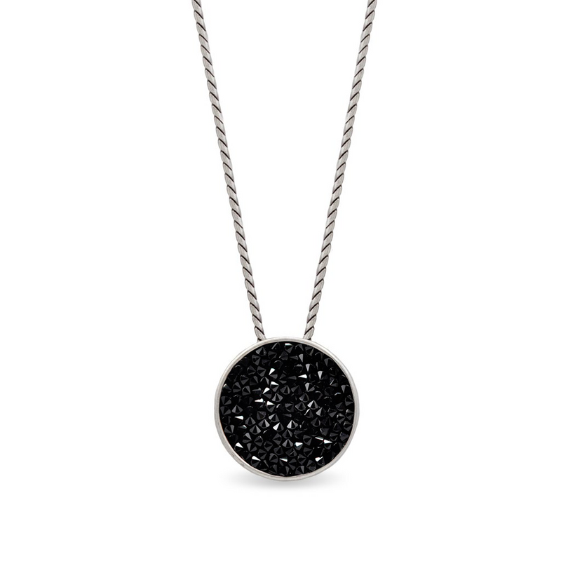 silver round shape pendant necklace with black crystals
