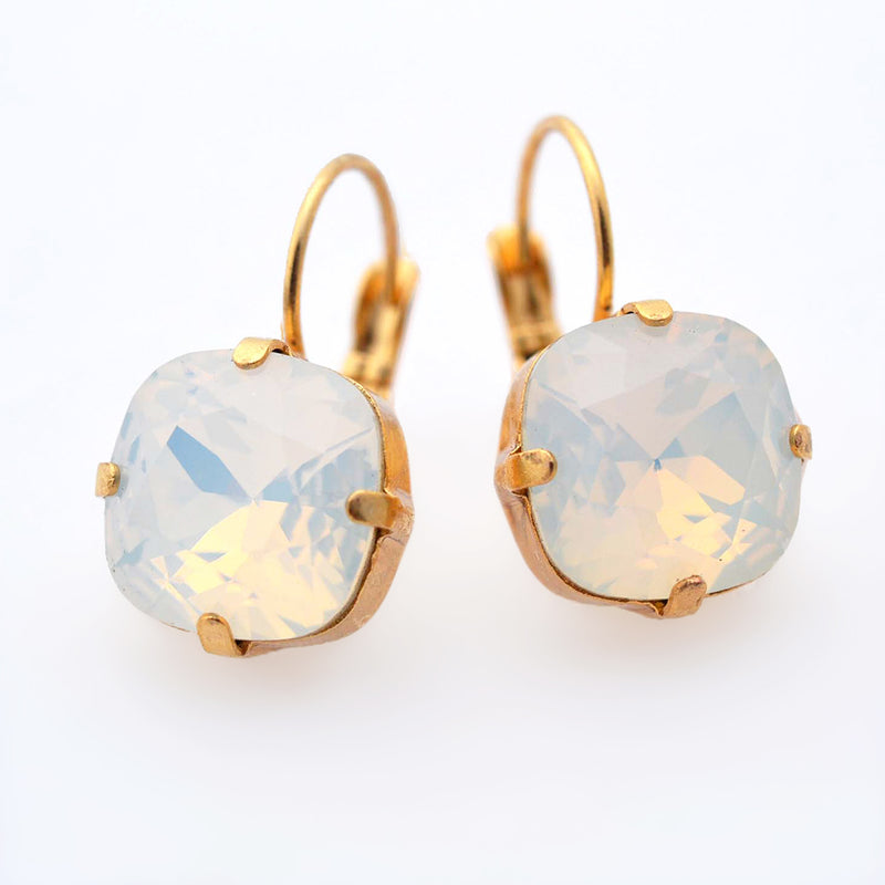 Gold plates square crystal earrings with white opal Swarovski crystal