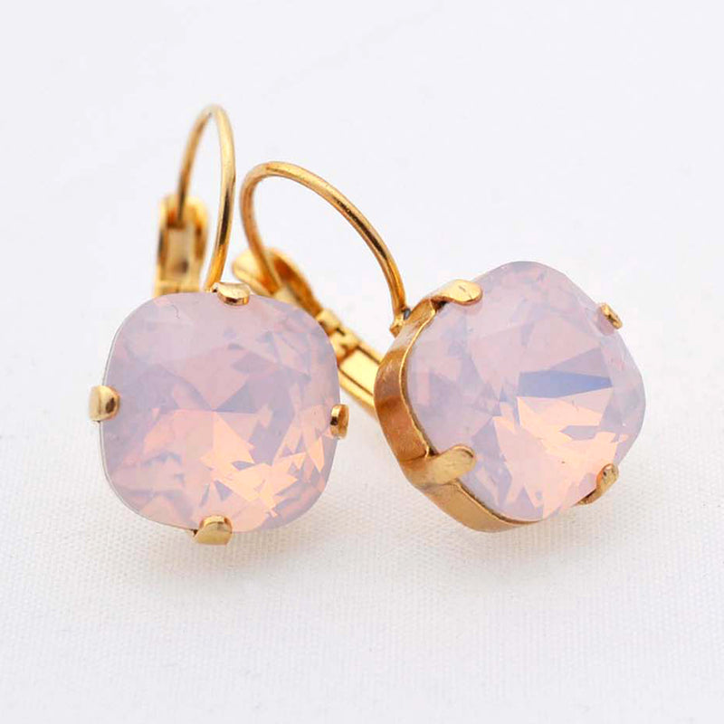Gold plated square crystal earrings with pink opal Swarovski crystal