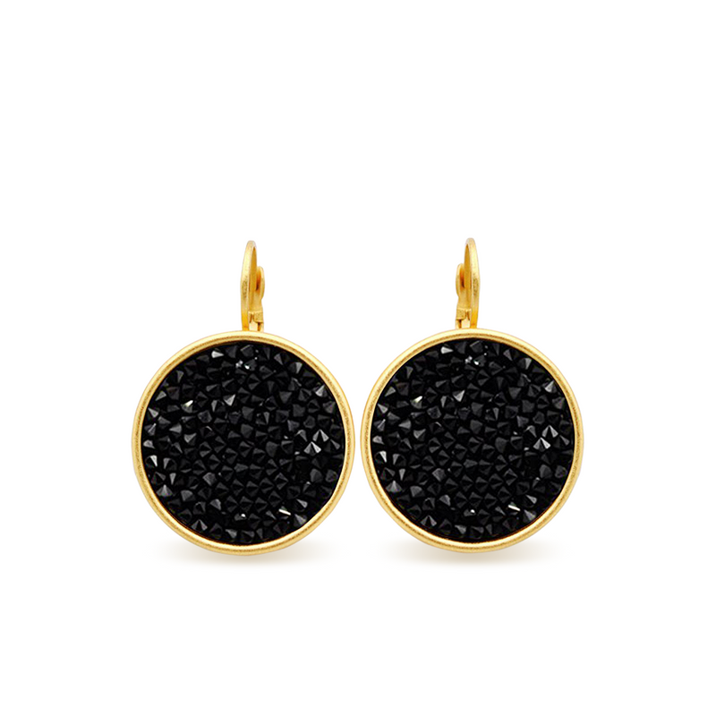 Gold crystal rock disc earrings with black crystals