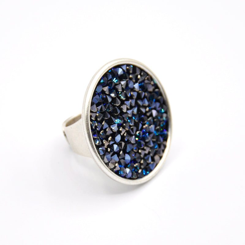 Silver crystal rock ring with shimmer blue Swarovski crystal
