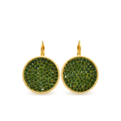 Gold crystal rock disc earrings with green crystals