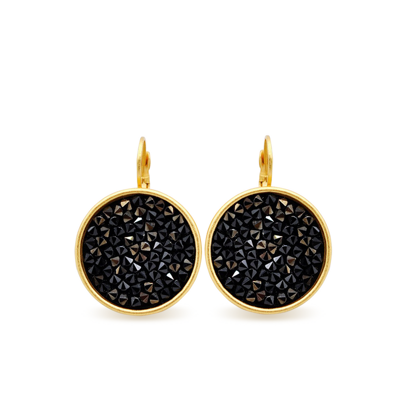Gold crystal rock disc earrings with black crystals