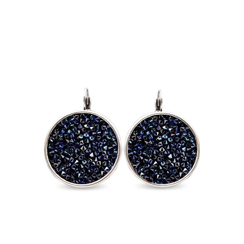 Silver crystal rock disc earrings with blue crystals