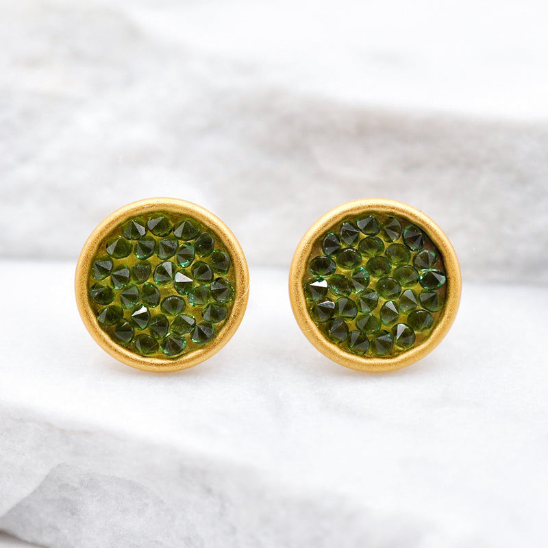 Gold round stud earrings with light green Swarovski crystals