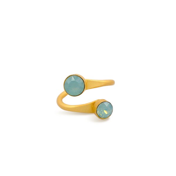 Gold open stackable ring with pacific blue crystal