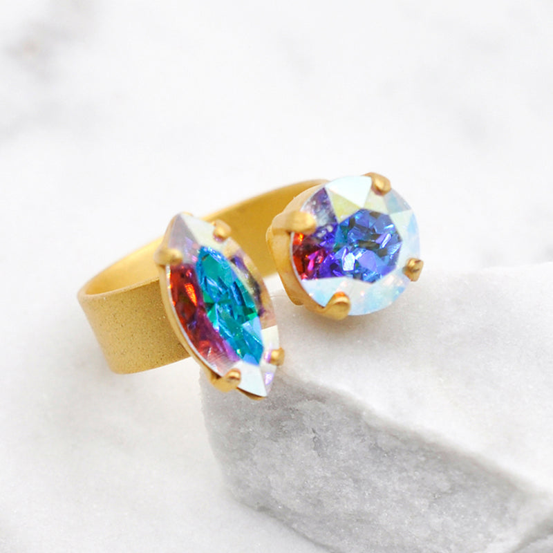 gold dual open cocktail ring with aurora Swarovski crystals