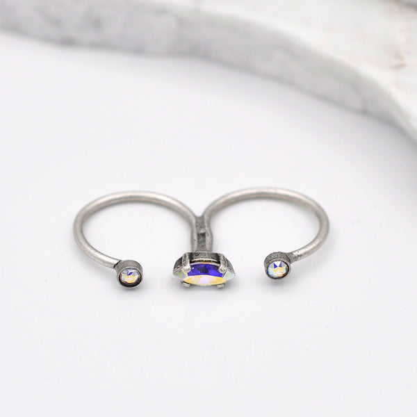 silver double finger ring with aurora crystals