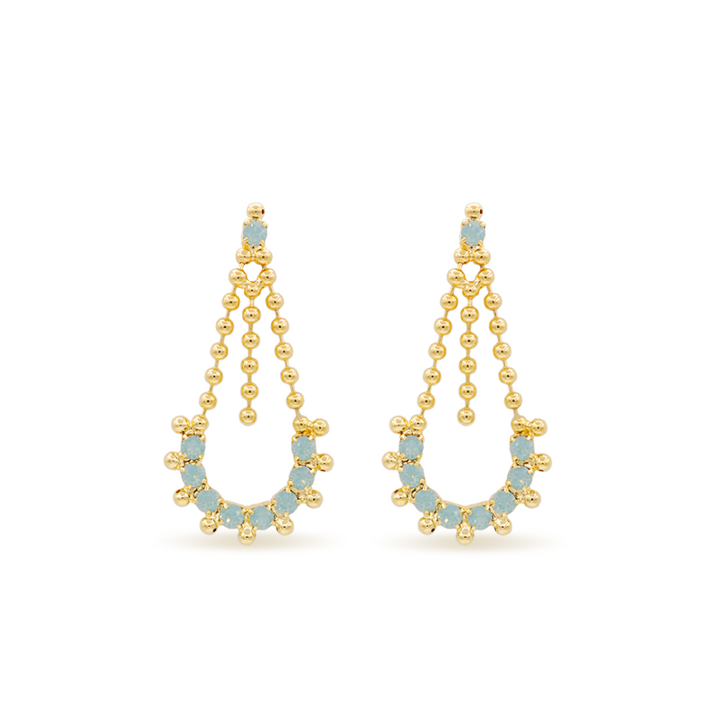 dangle drop gold crystal earrings with pacific blue