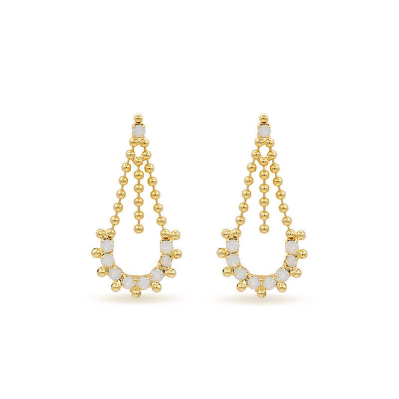 dangle drop gold crystal earrings with white opal