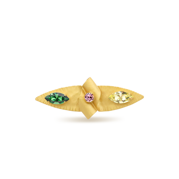 Pinwheel inspired gold brooch with multicolor crystals