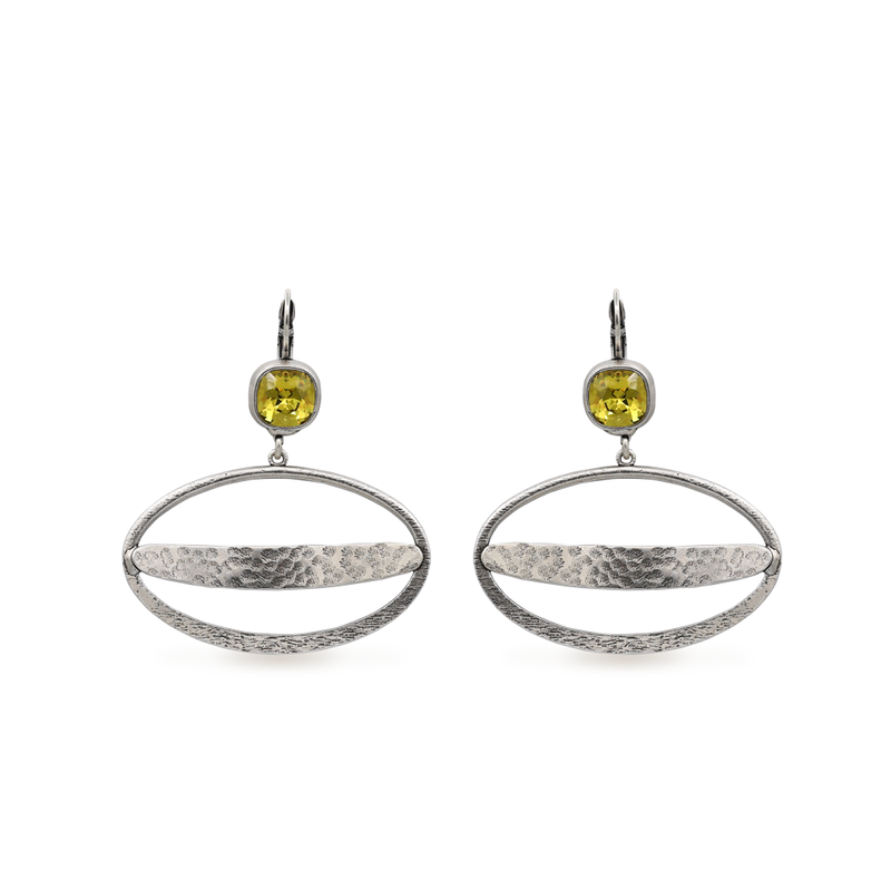 Large silver ellipse dangle earrings with citrus crystal