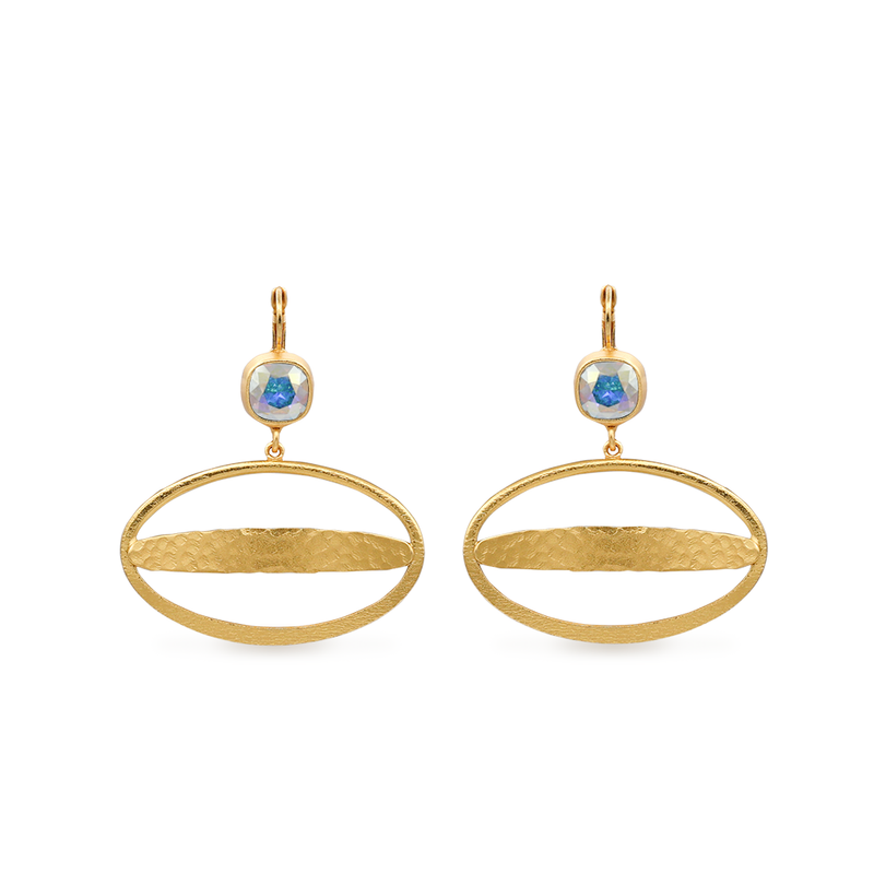 Large gold ellipse dangle earrings with aurora crystal
