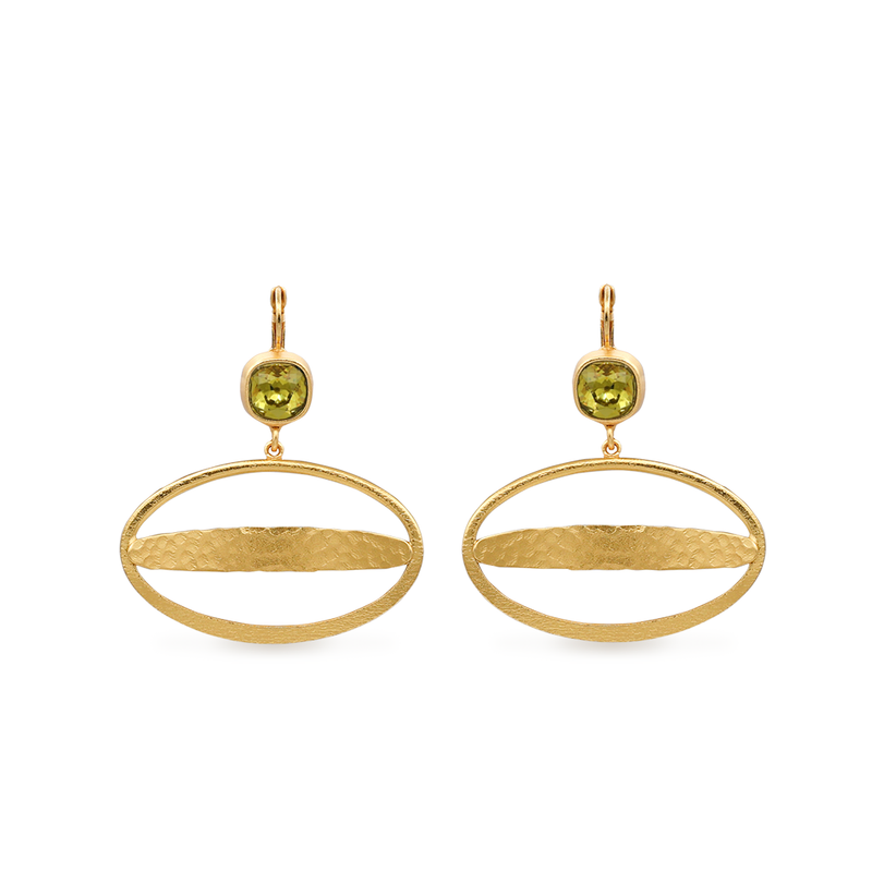 Large gold ellipse dangle earrings with citrus crystal