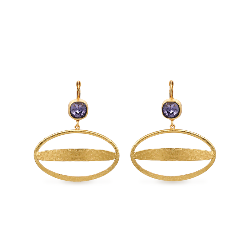 Large gold ellipse dangle earrings with tanzanite crystal