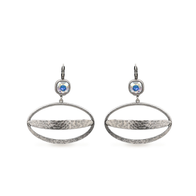 Large silver ellipse dangle earrings with aurora crystal