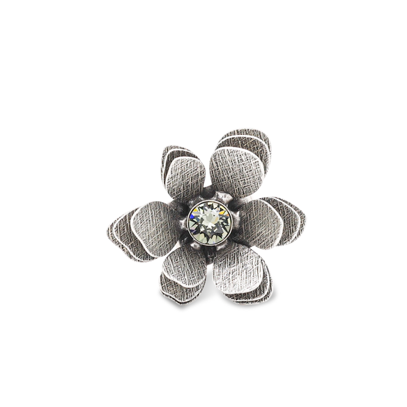 silver flower statement ring with smokey grey crystal