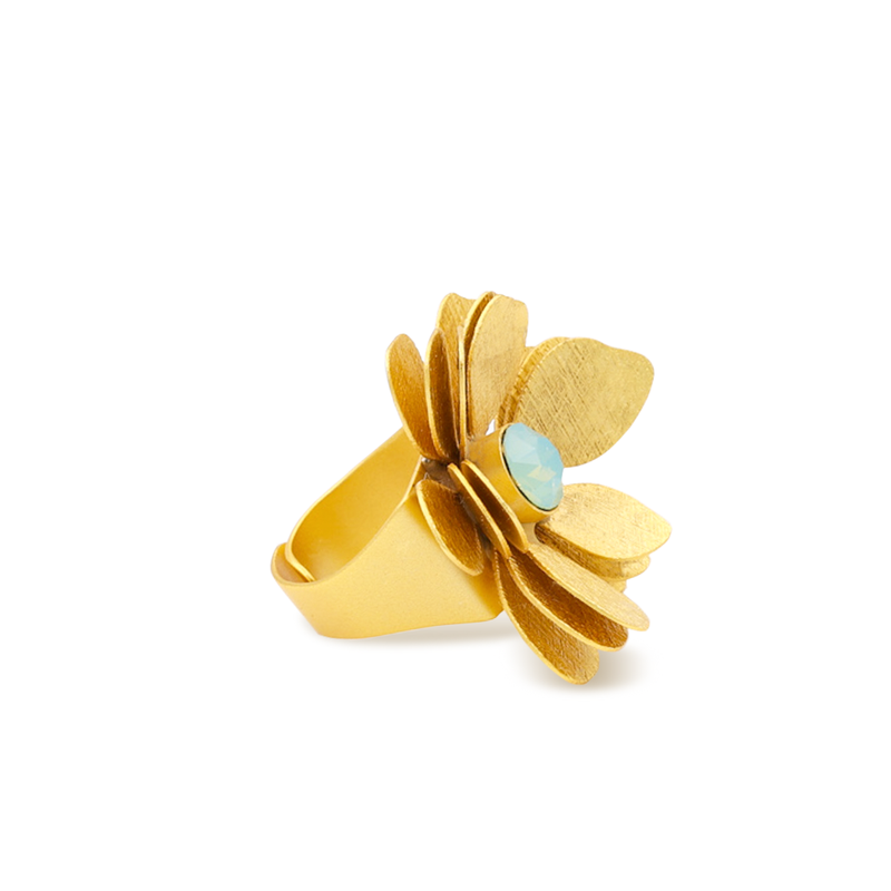 gold flower statement ring with pacific opal