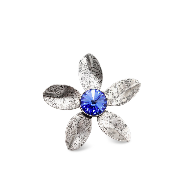 Flower silver brooch with sapphire crystal