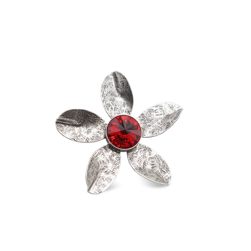 Flower silver brooch with red crystal
