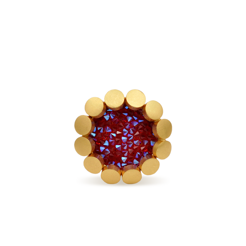 round gold statement ring with red crystals