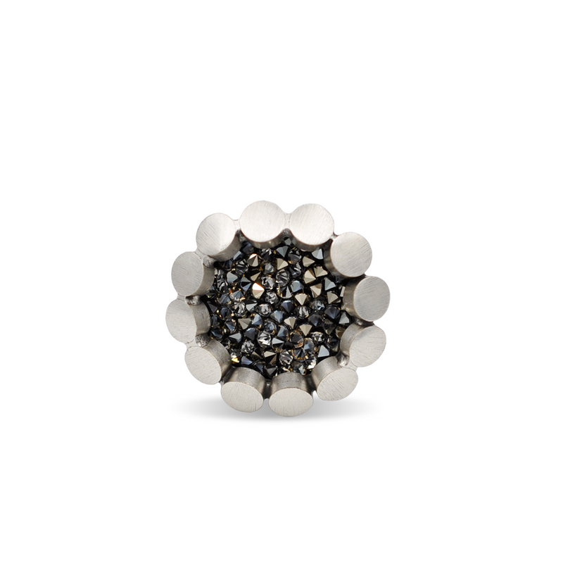 round silver statement ring with grey shimmer crystals