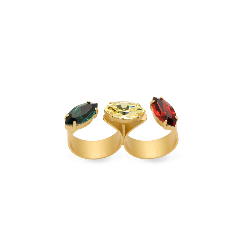 Gold double finger marquise ring with multicolor crystal