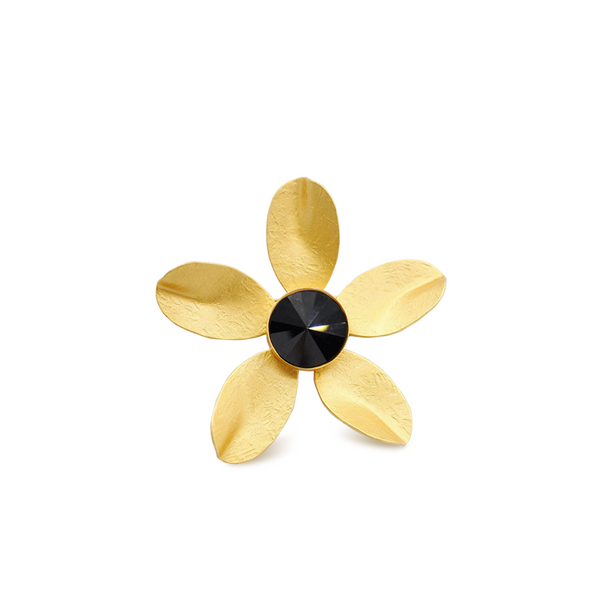 Gold flower brooch with black crystal
