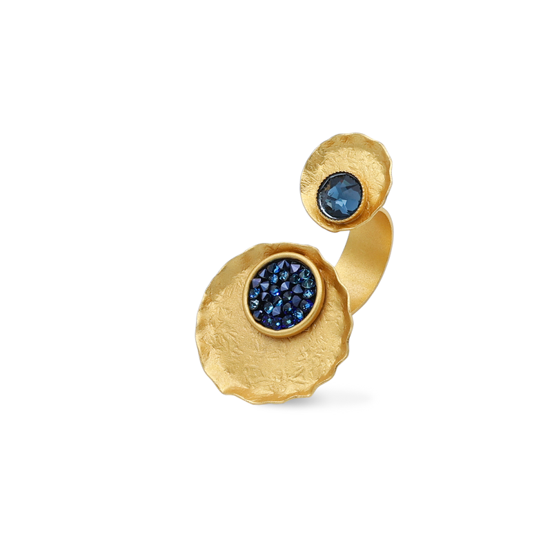 Gold open ring with blue shimmer crystals