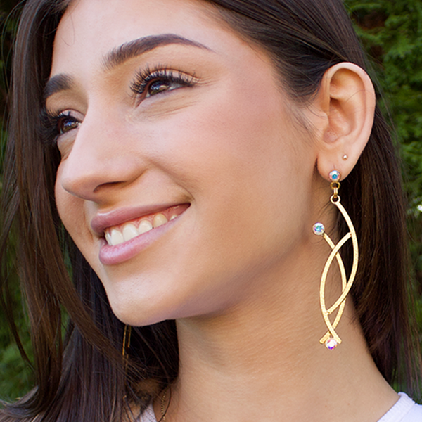 gold branch style long earrings with aurora crystal